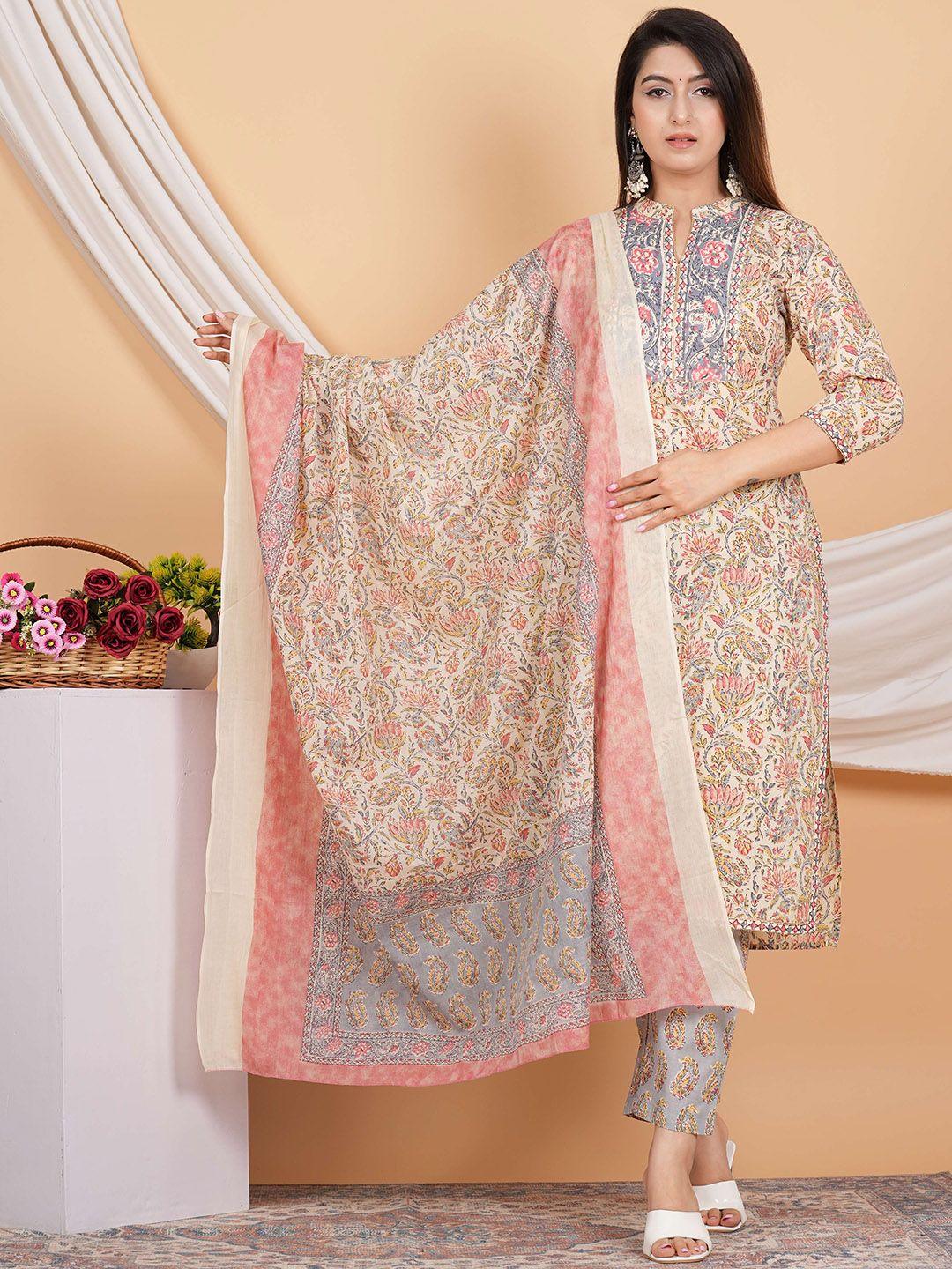 zoyoto women beige floral printed regular thread work pure cotton kurta with trousers & with dupatta