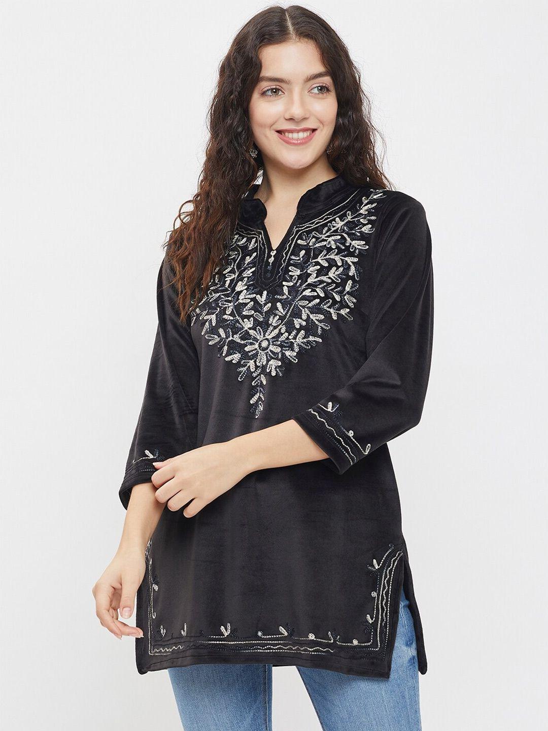 tulip 21 black & anthracite embroidered v-neck thread work velvet thread work kurti