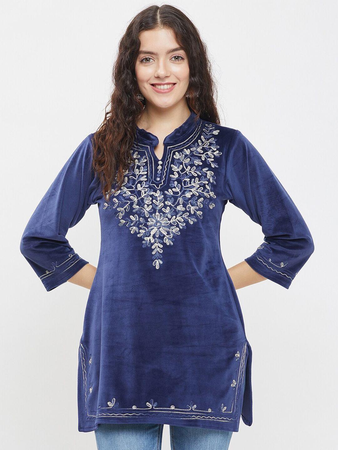 tulip 21 navy blue & blueprint embroidered v-neck thread work velvet thread work kurti