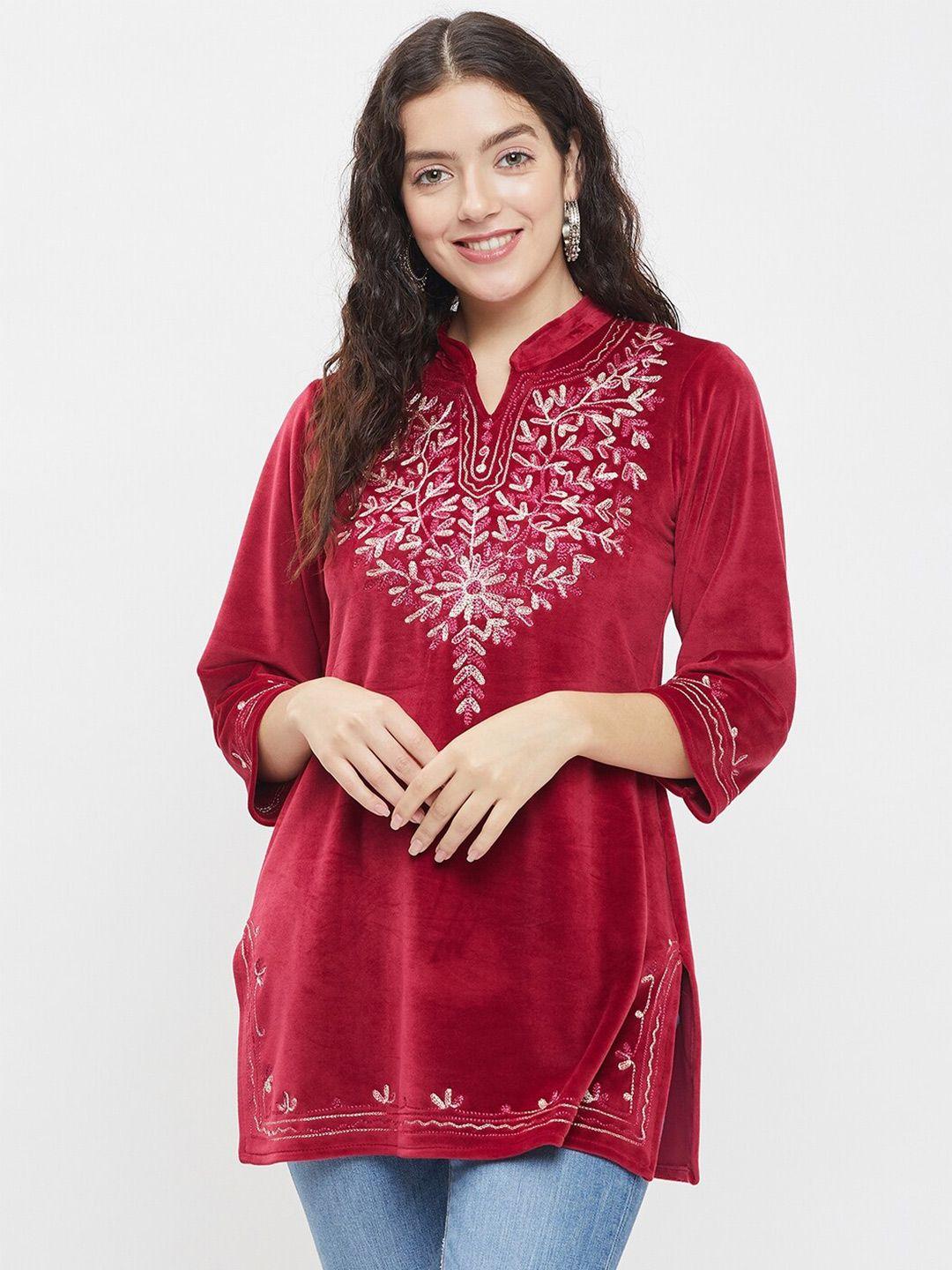 tulip 21 maroon & burgundy embroidered v-neck thread work velvet thread work kurti