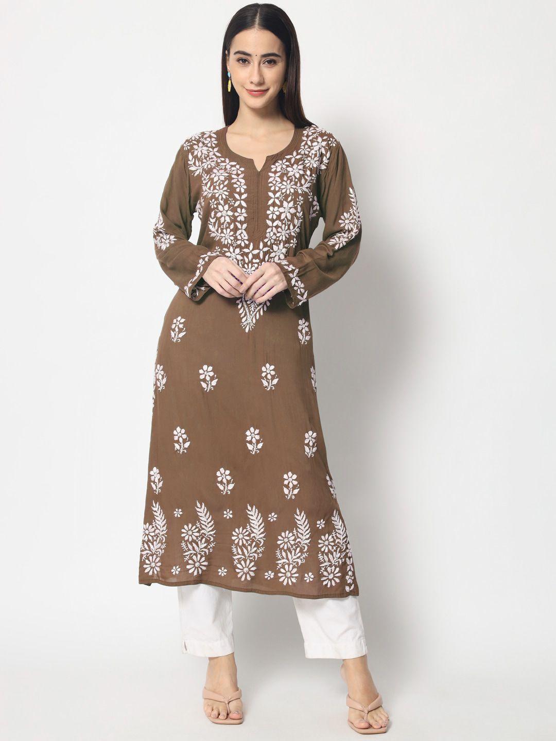 paramount chikan women brown & white ethnic motifs embroidered chikankari floral kurta