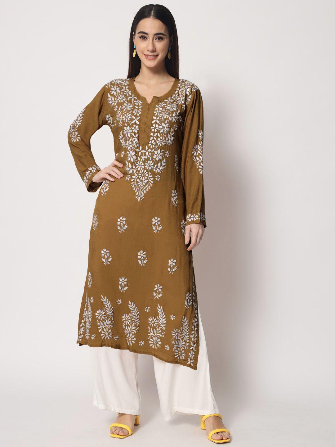 paramount chikan women khaki & white ethnic motifs embroidered chikankari floral kurta