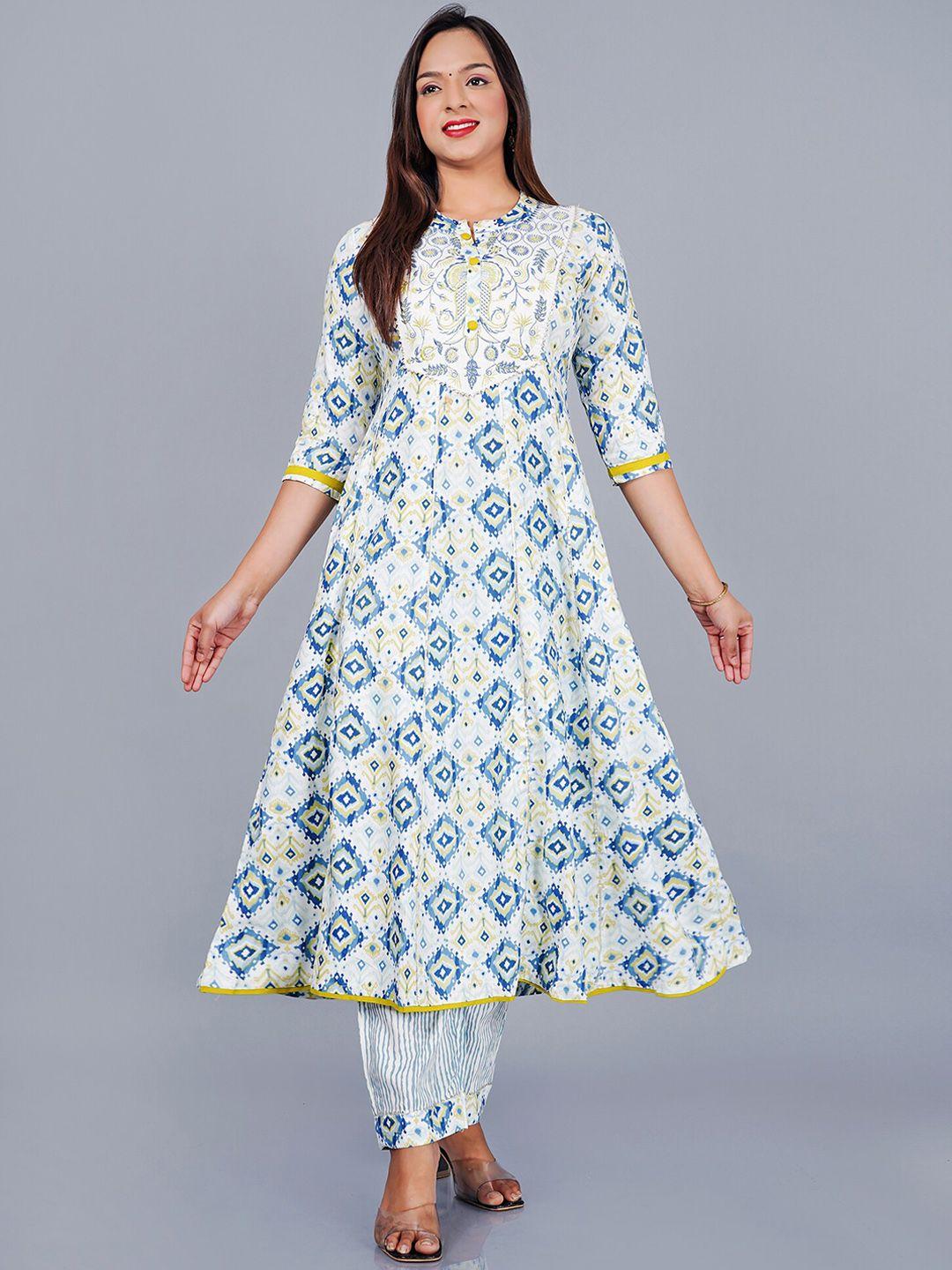 aayumi ethnic motif printed regular thread work pure cotton kurta with pyjamas & dupatta