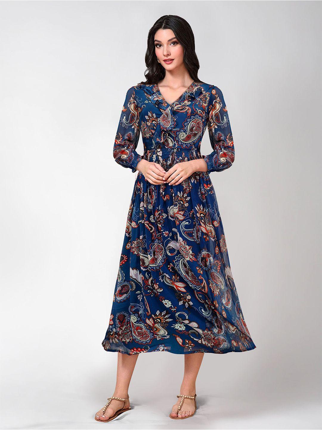 baesd navy blue print puff sleeve georgette fit & flare dress