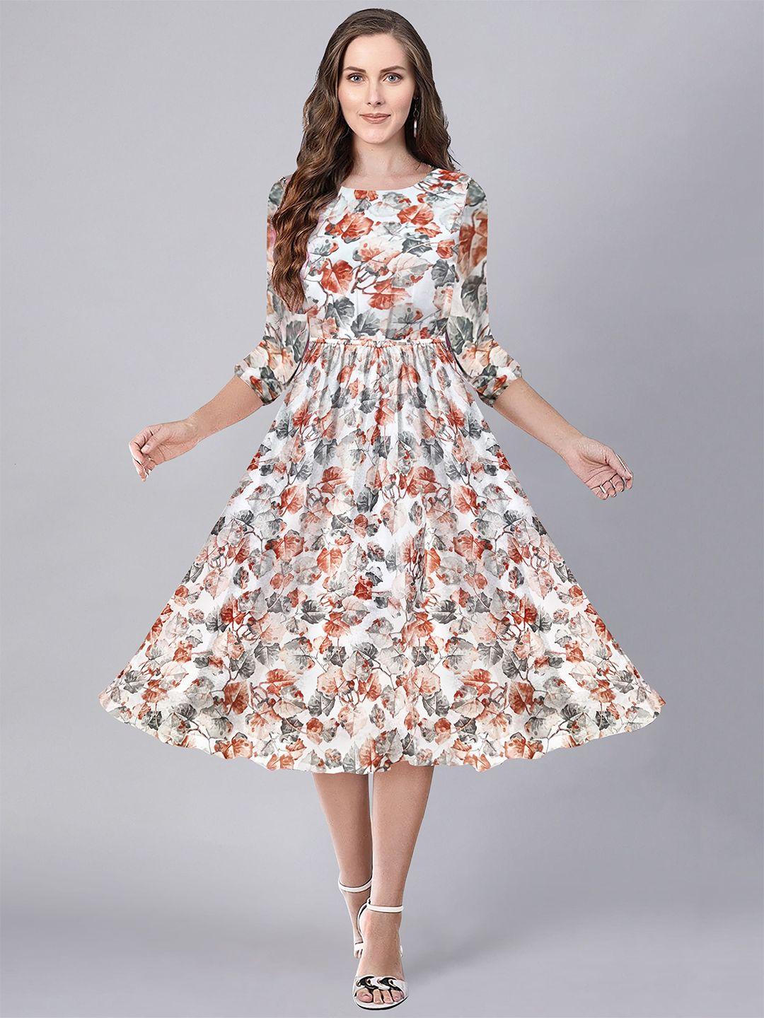 baesd brown floral print puff sleeve fit & flare dress