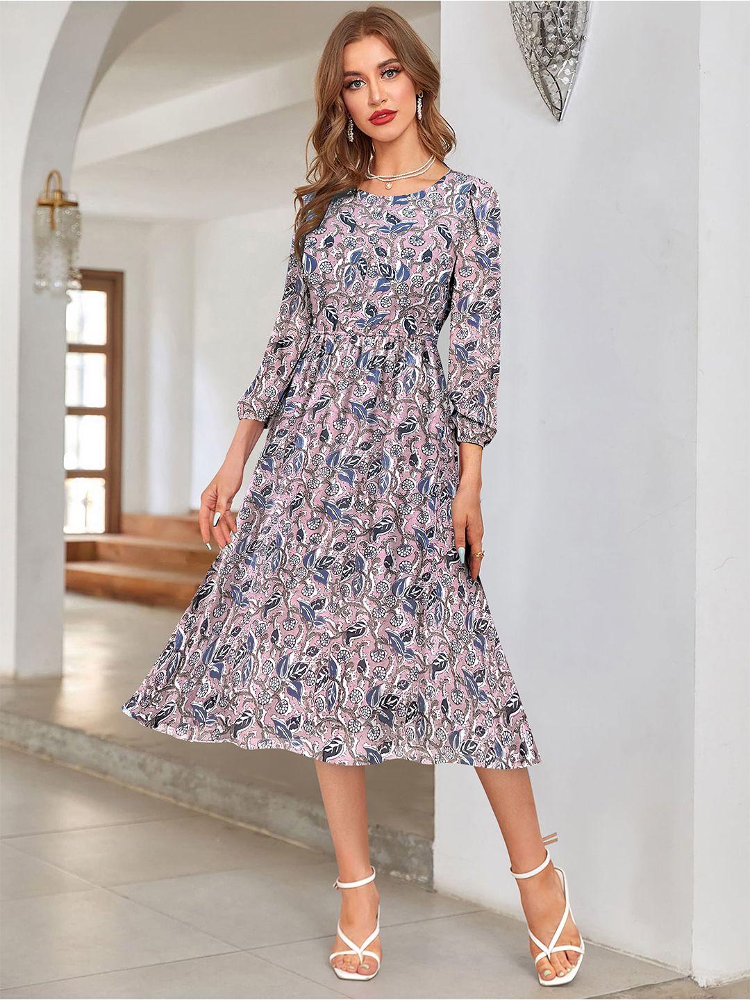 baesd multicoloured floral print puff sleeve georgette fit & flare midi dress