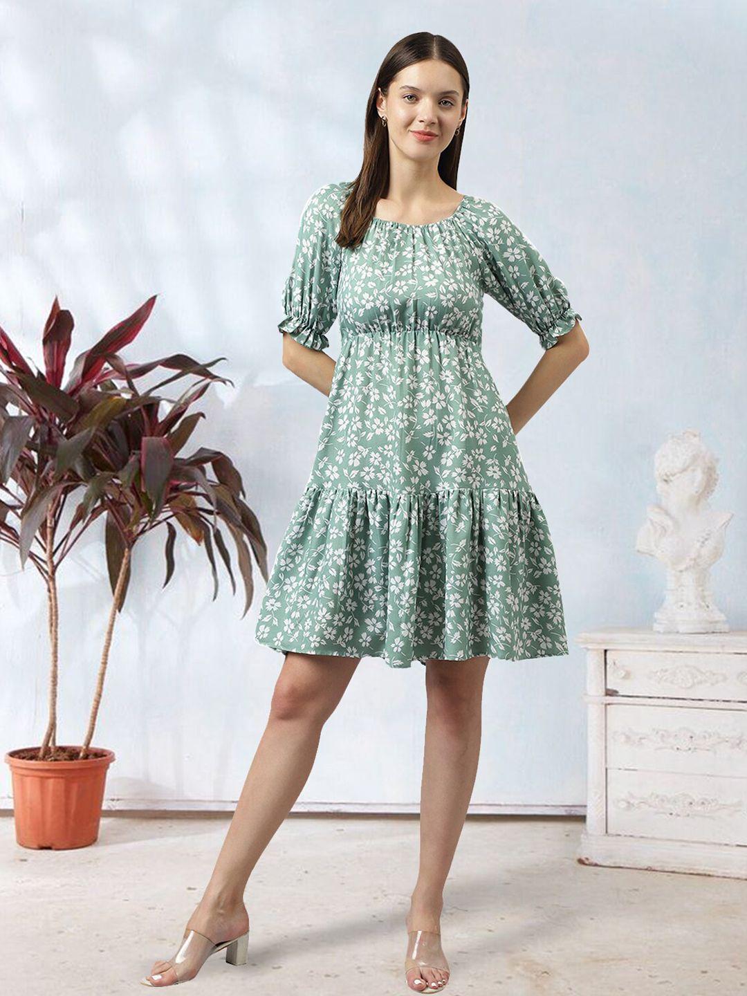 baesd floral printed puff sleeves gathered detailed fit & flare dress