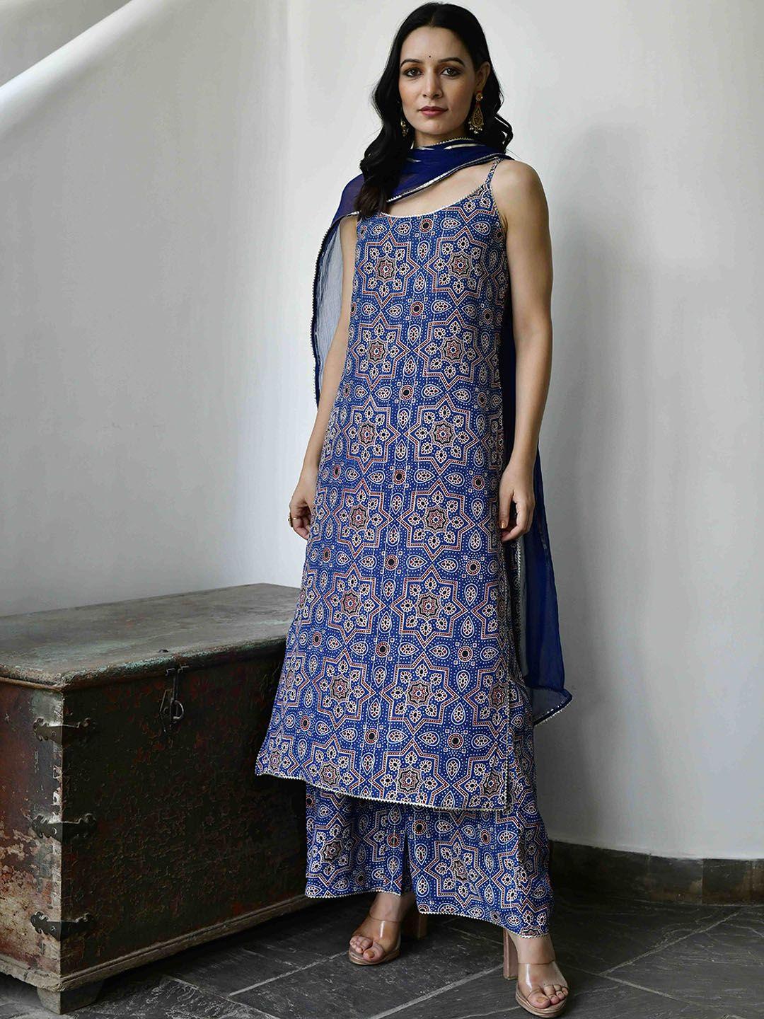 lirose floral printed shoulder strap gotta patti kurta with palazzos & with dupatta