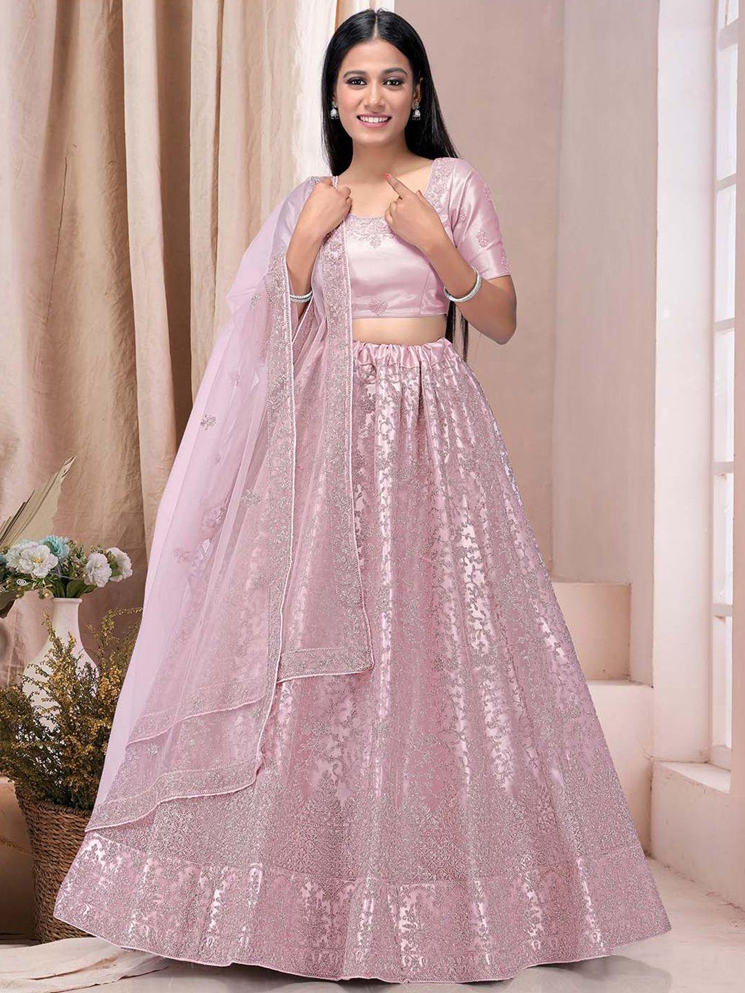 halfsaree studio pink & embroidered semi-stitched lehenga & unstitched blouse with dupatta