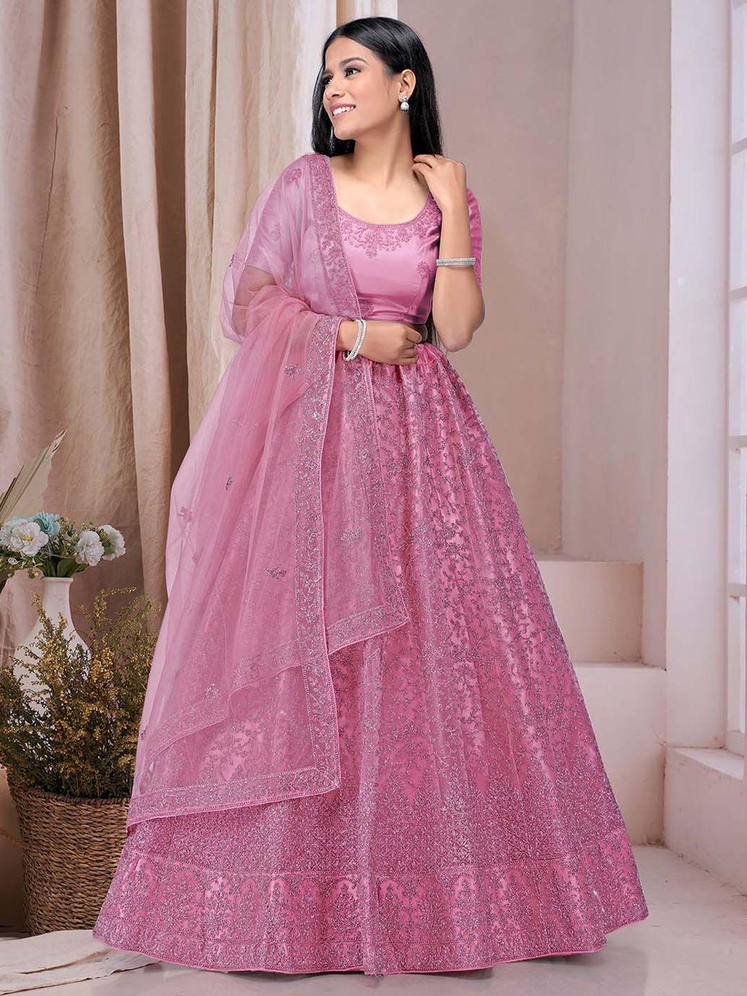 halfsaree studio pink & embroidered semi-stitched lehenga & unstitched blouse with dupatta