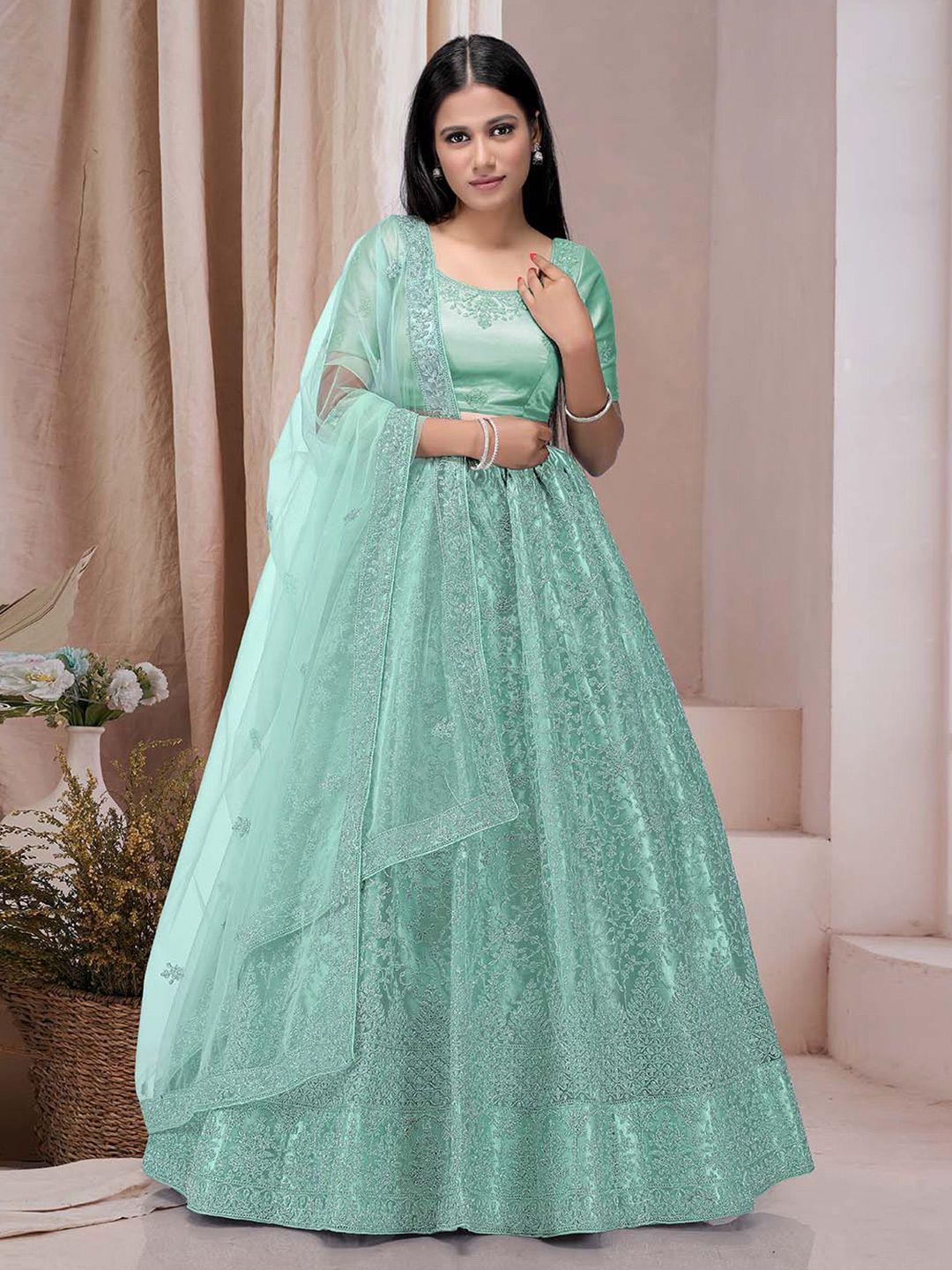 halfsaree studio green & embroidered semi-stitched lehenga & unstitched blouse with dupatta