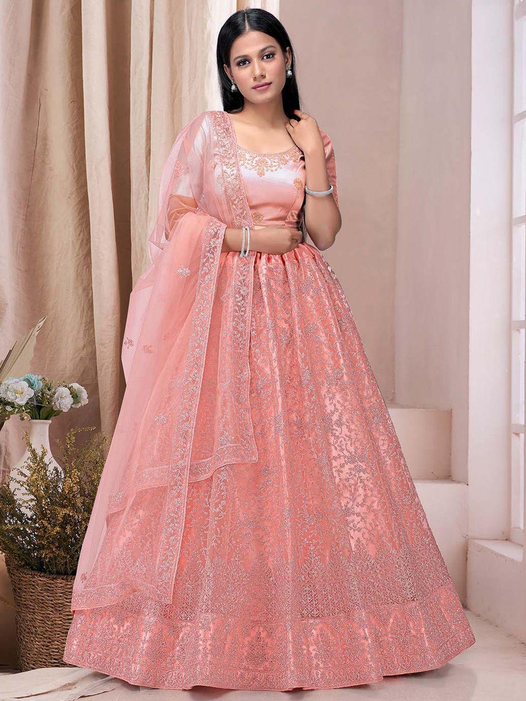 halfsaree studio peach-coloured & embroidered semi-stitched lehenga & unstitched blouse with dupatta