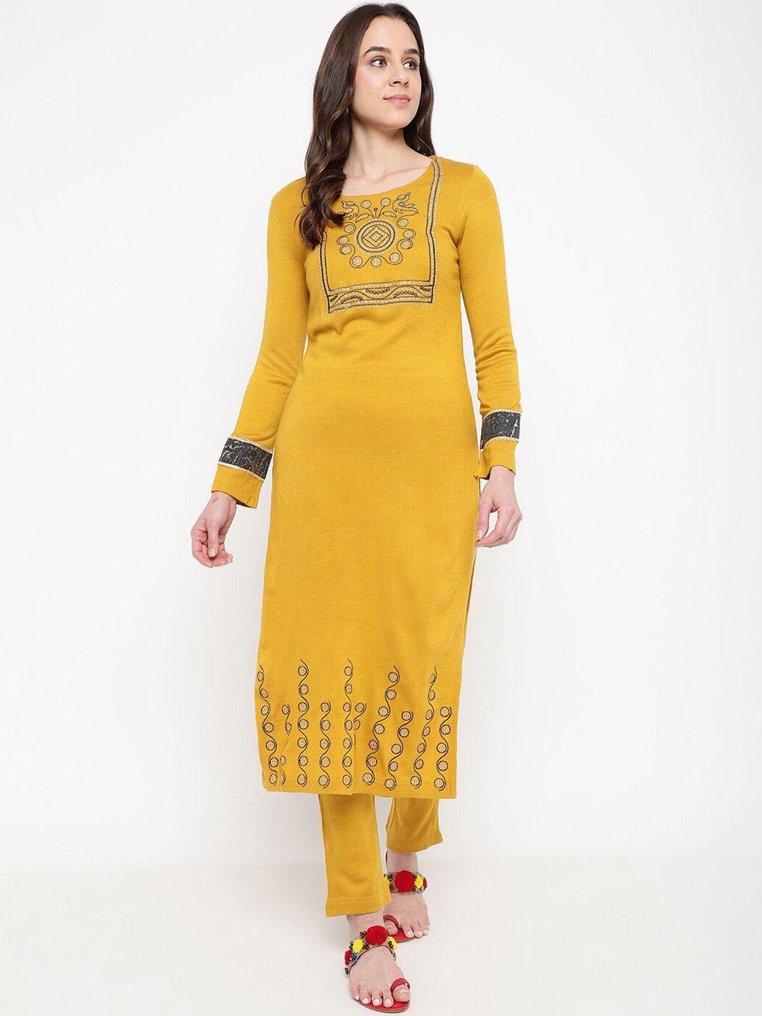 be indi women mustard yellow embroidered regular kurta with trousers