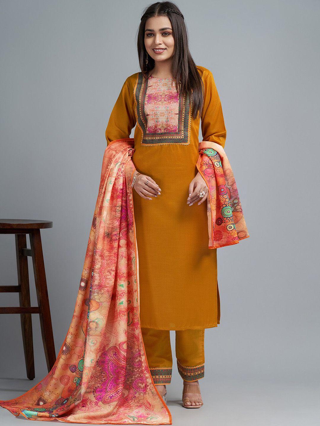 twika ethnic motifs printed yoke gotta patti straight kurta & trousers with dupatta