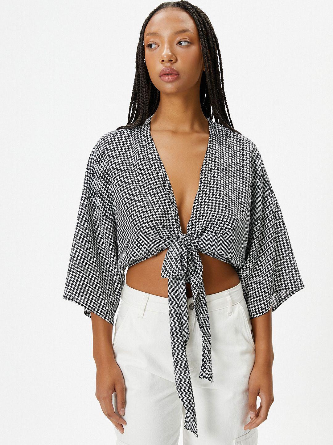 koton black & white chevron print flared sleeve wrap top