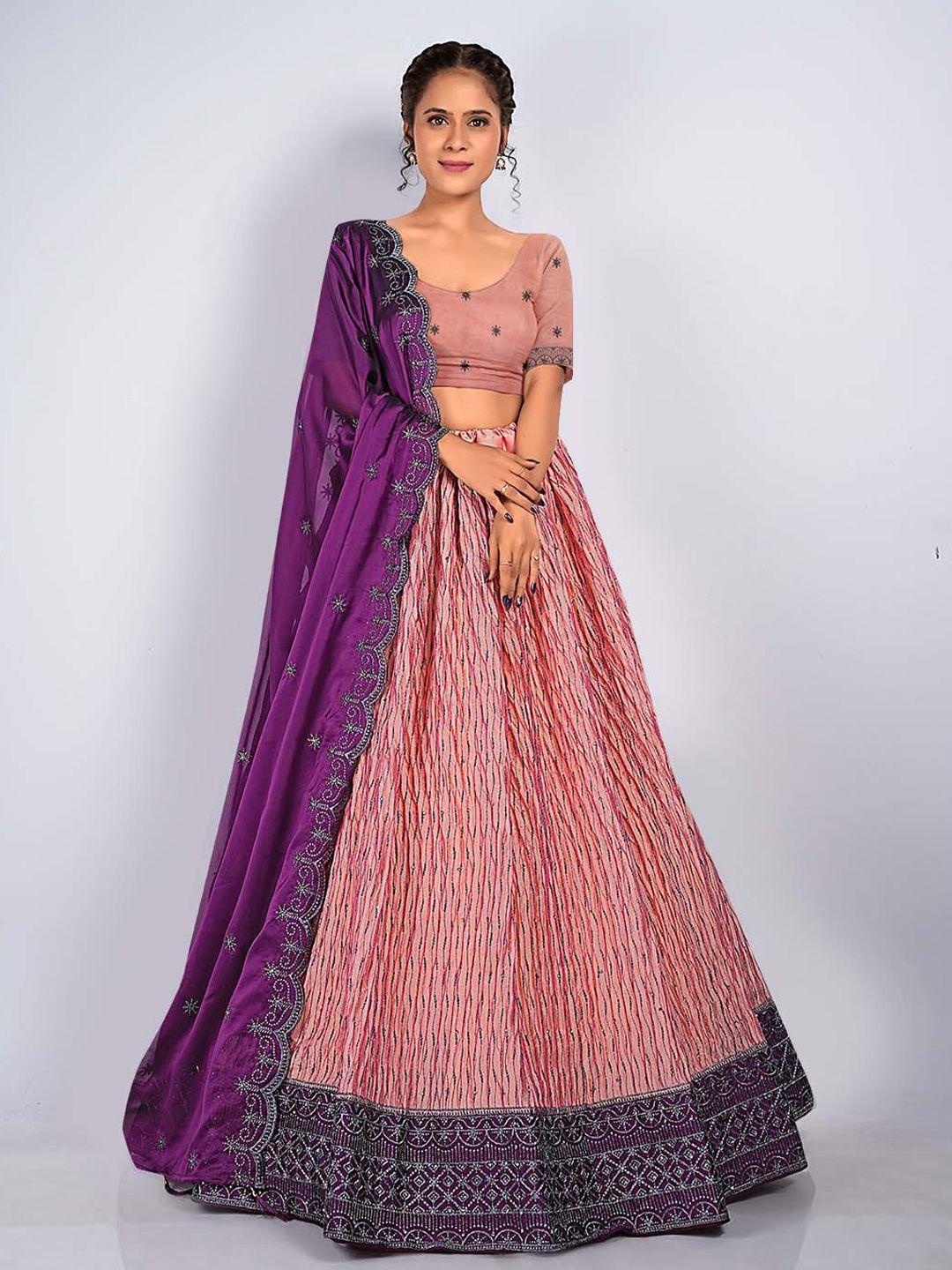 halfsaree studio peach-coloured & burgundy embroidered semi-stitched lehenga & unstitched blouse with dupatta