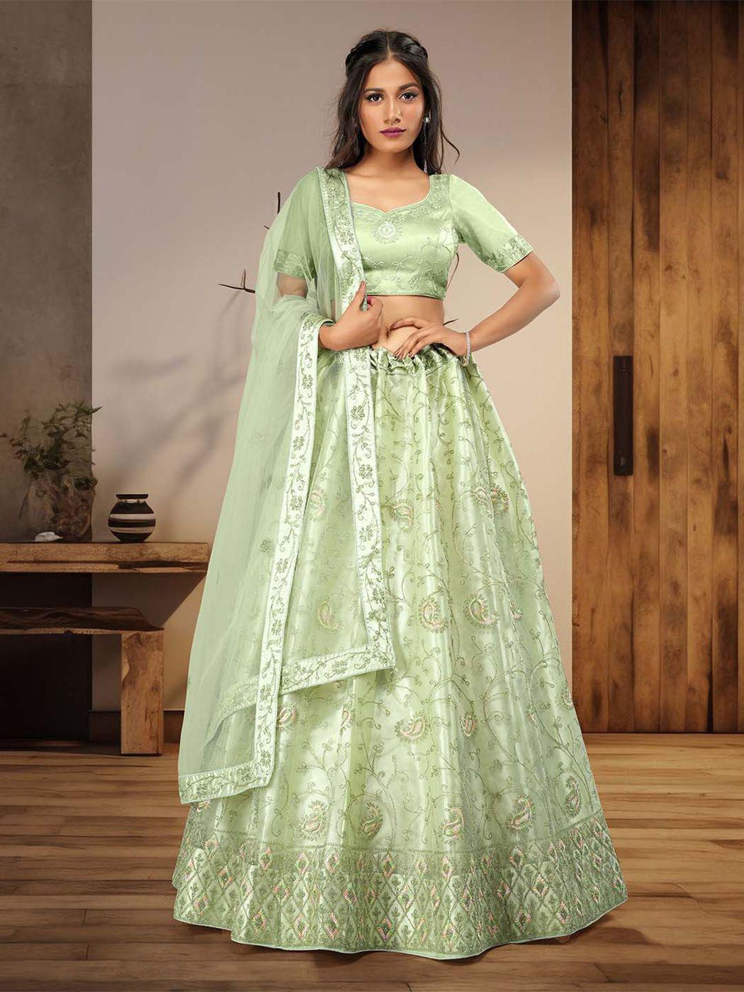 halfsaree studio green & embroidered semi-stitched lehenga & unstitched blouse with dupatta