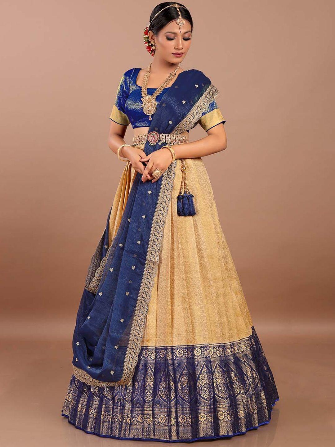 halfsaree studio cream-coloured & peach-coloured semi-stitched lehenga & unstitched blouse with dupatta