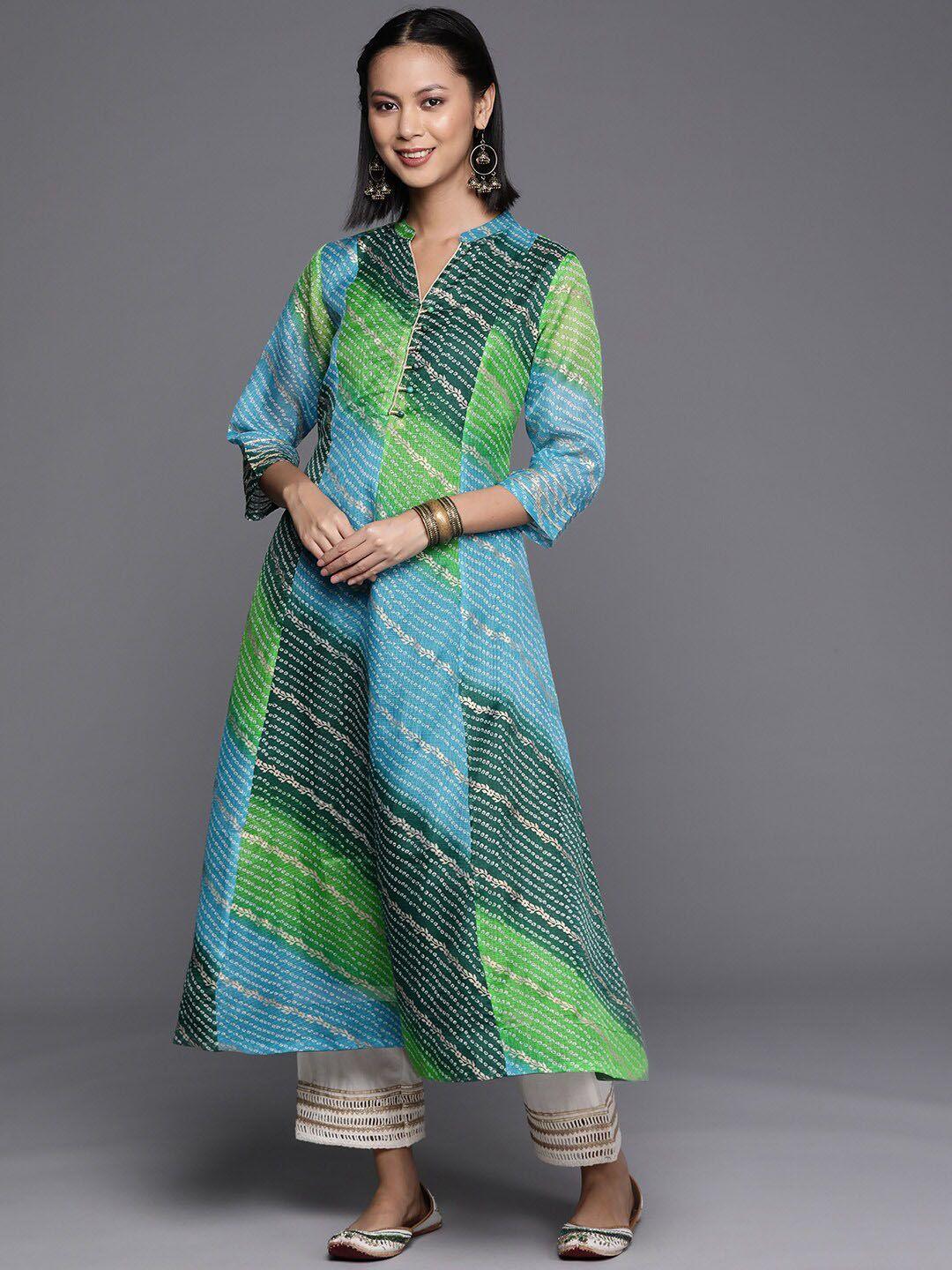 kalini women green & blue bandhani dyed anarkali kurta