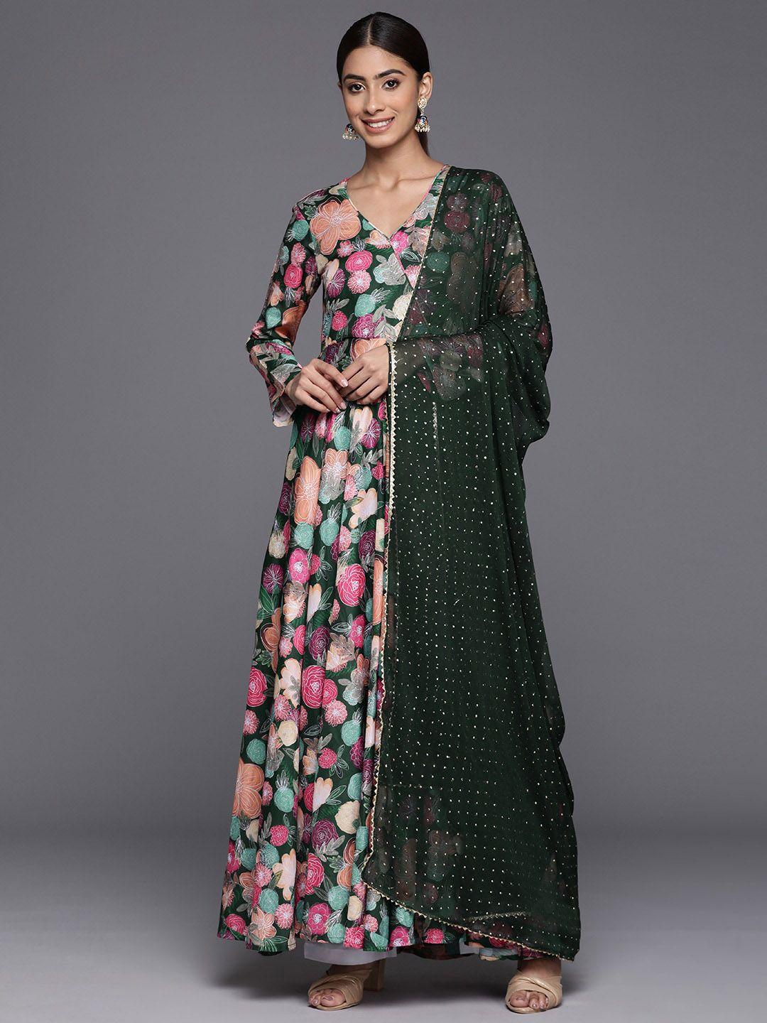 kalini women green & pink floral printed floral anarkali kurta