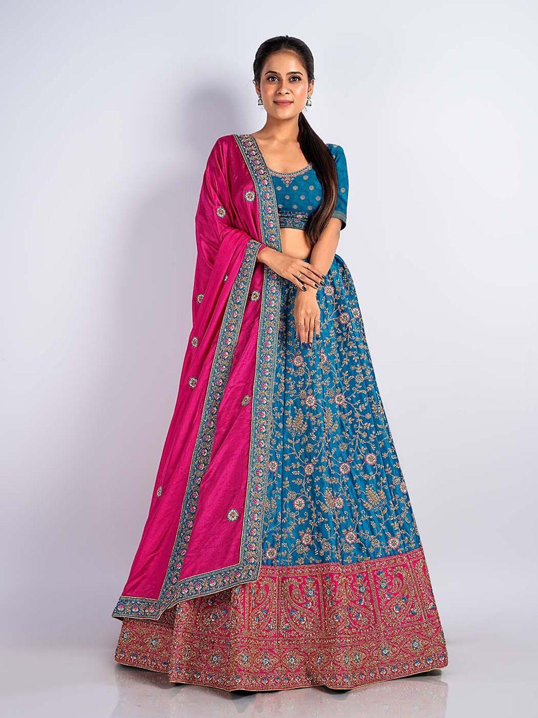 halfsaree studio blue & embroidered semi-stitched lehenga & unstitched blouse with dupatta