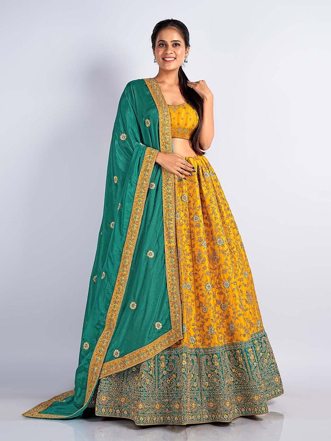 halfsaree studio yellow & embroidered semi-stitched lehenga & unstitched blouse with dupatta