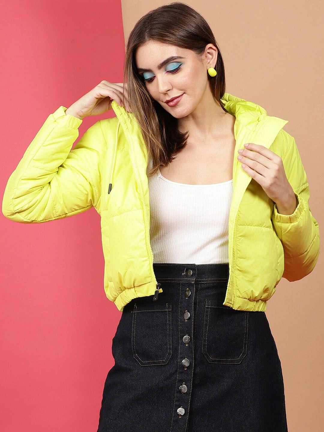 freehand yellow hooded neck long sleeve zip detail crop puffer jacket