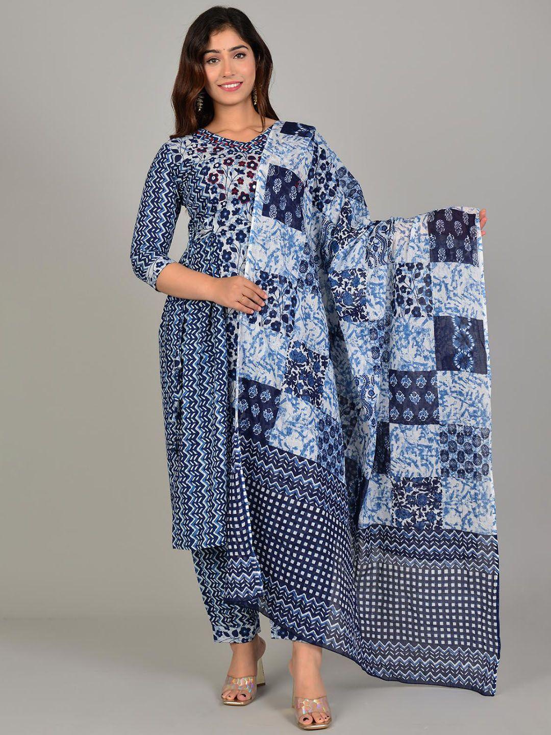 lovista floral printed v-neck mirror work pure cotton kurta with salwar & with dupatta