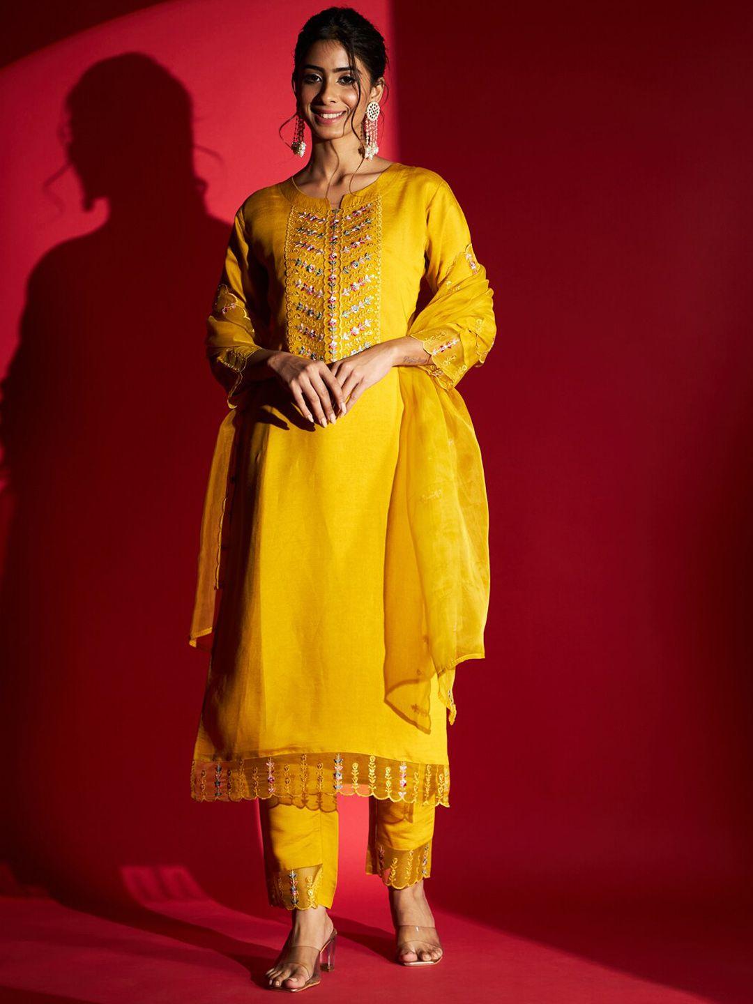 navlik women mustard yellow floral embroidered regular kurta with trousers & with dupatta