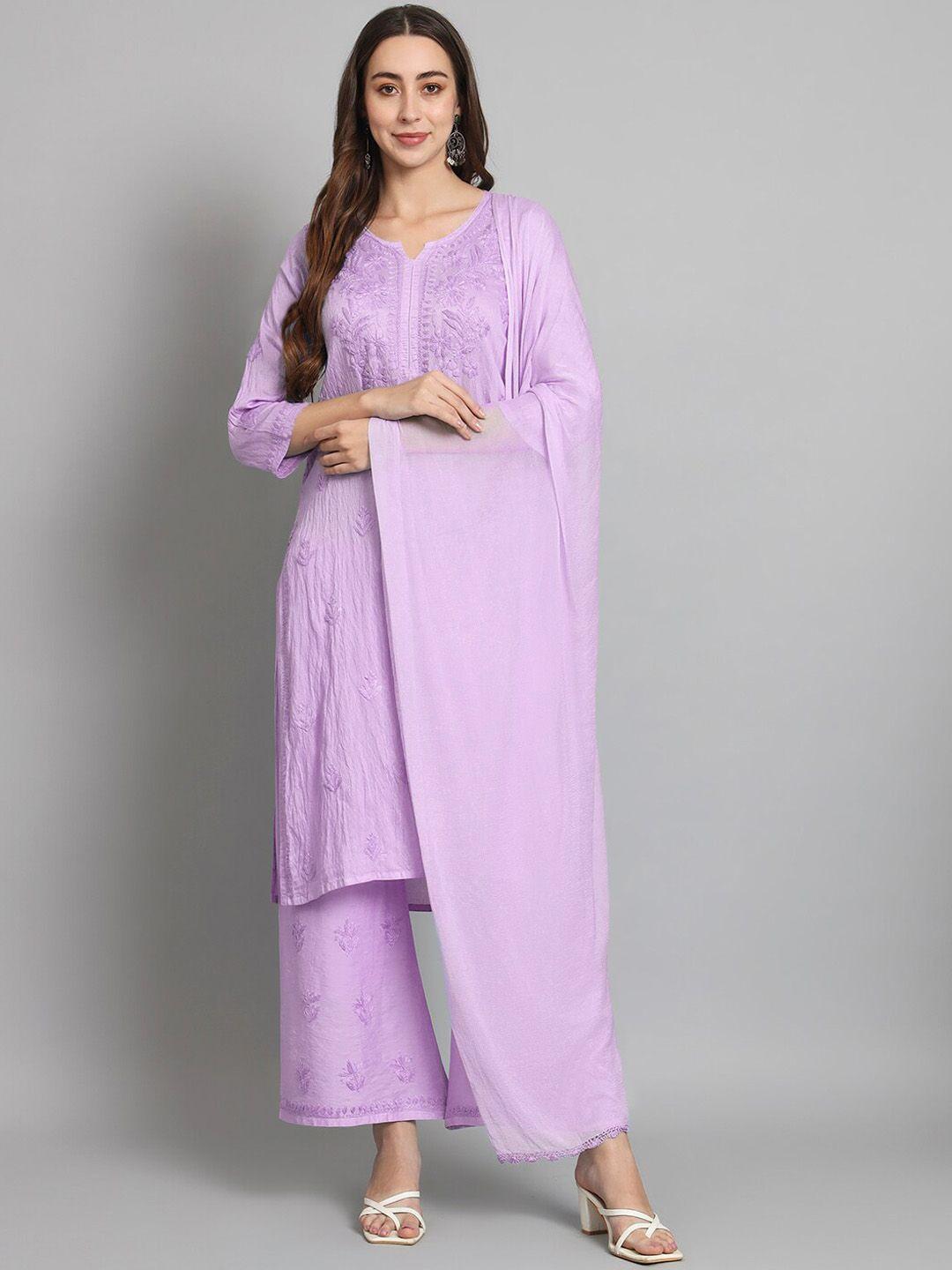 paramount chikan women mauve ethnic motifs embroidered regular chikankari chanderi cotton kurta with