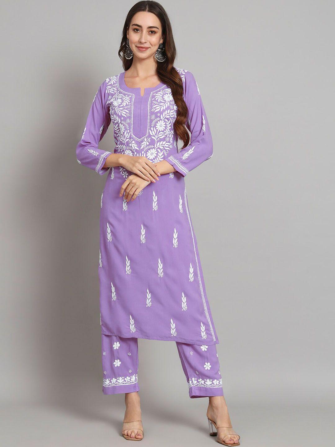 paramount chikan women mauve ethnic motifs embroidered regular chikankari kurta with palazzos