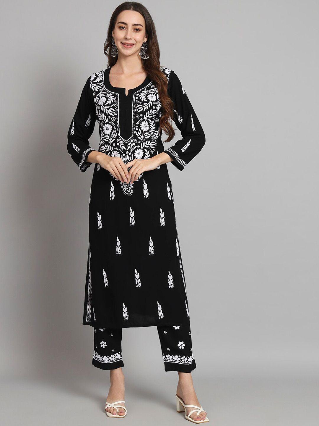 paramount chikan women black ethnic motifs embroidered regular chikankari kurta with palazzos