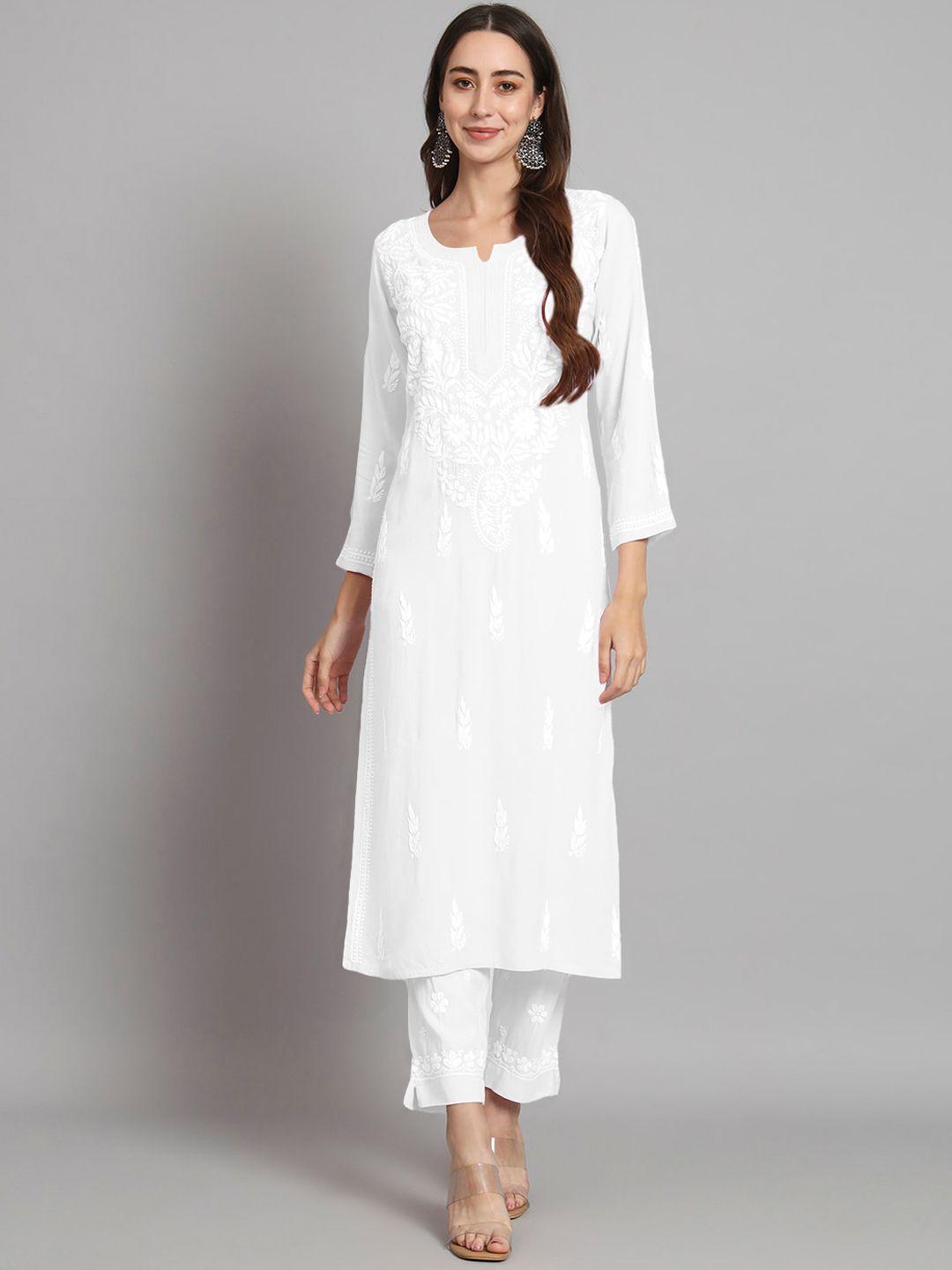 paramount chikan women white ethnic motifs embroidered regular chikankari kurta with palazzos