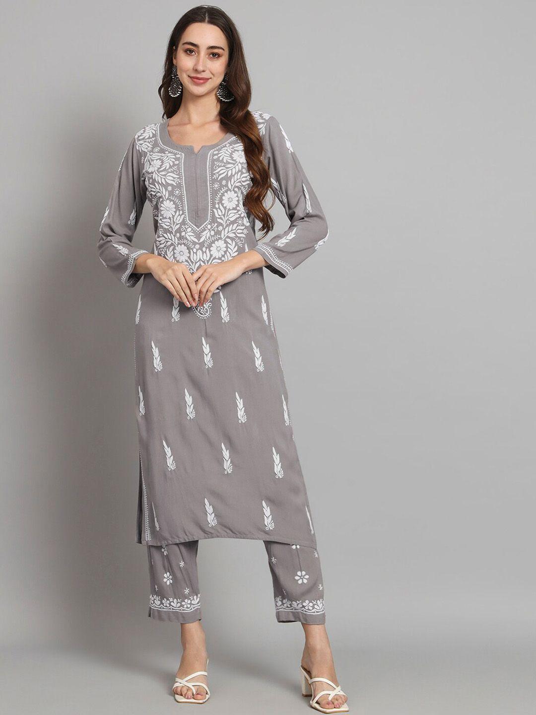 paramount chikan women grey ethnic motifs embroidered regular chikankari kurta with palazzos