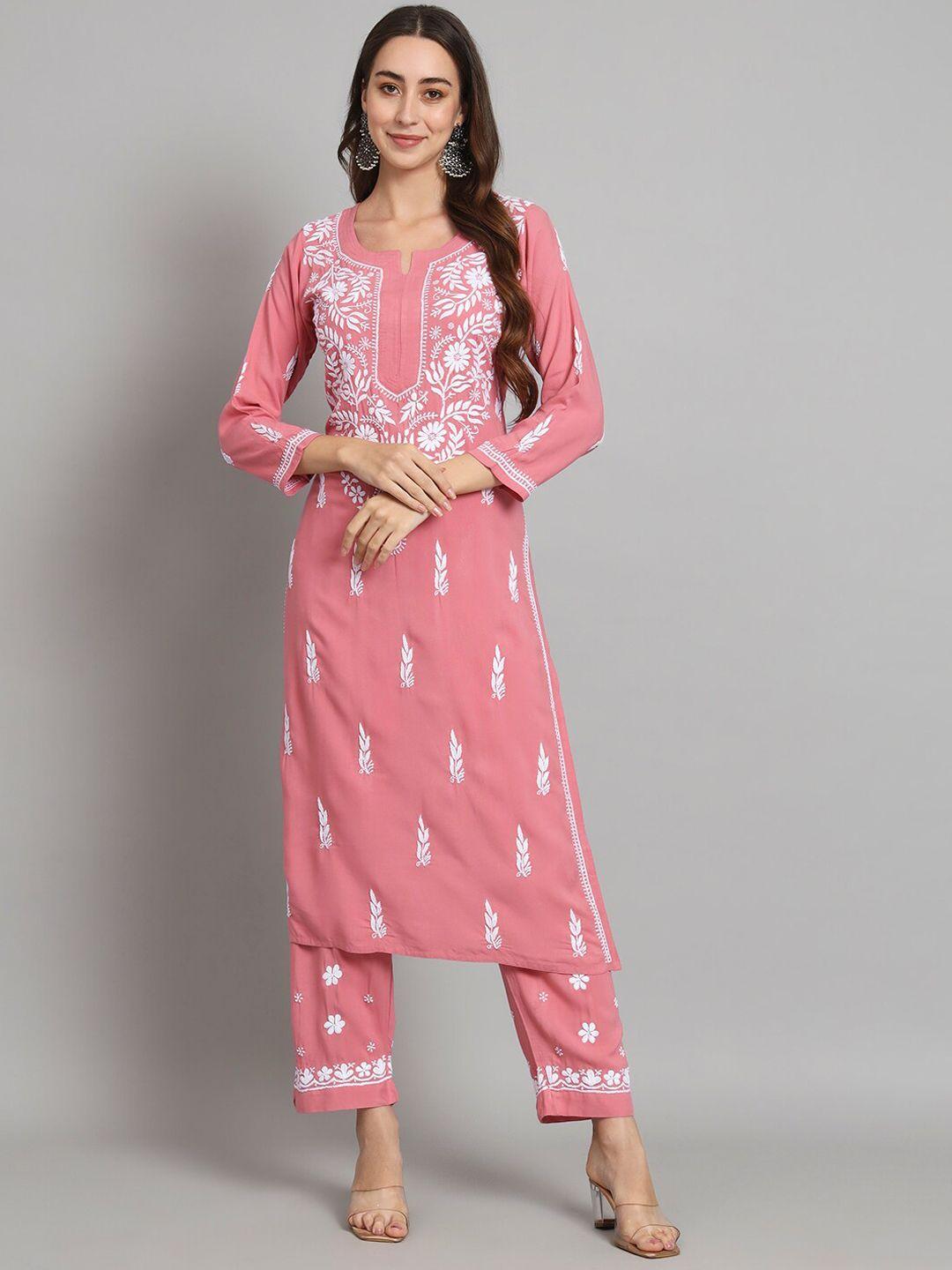 paramount chikan women rust ethnic motifs embroidered regular chikankari kurta with palazzos