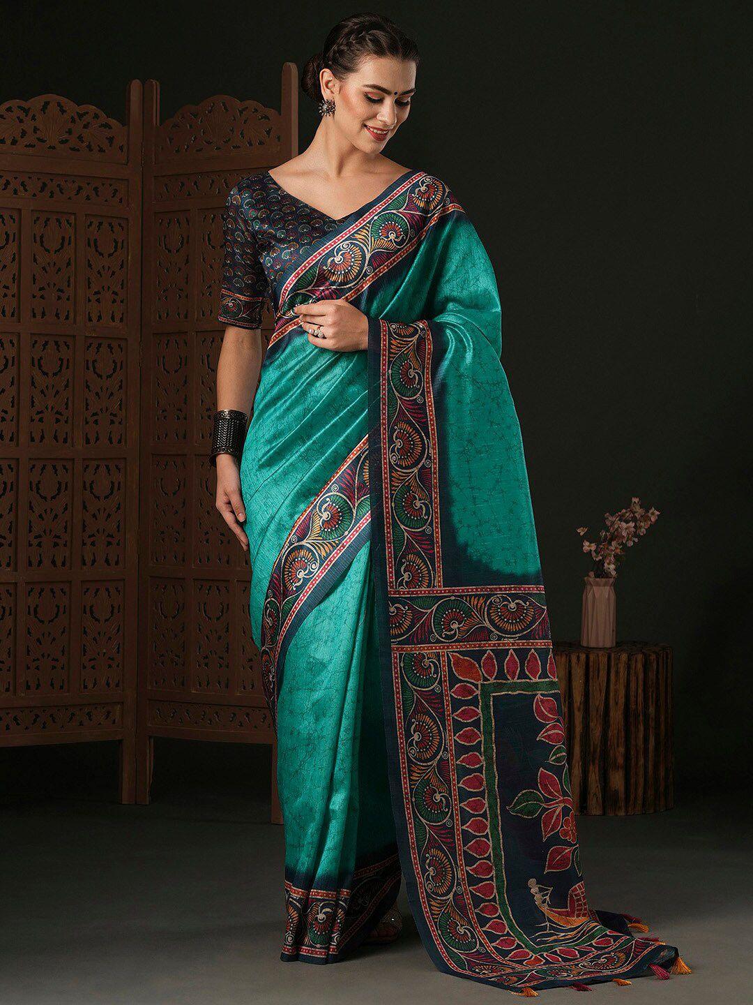 anouk blue ethnic motifs silk blend designer dabu saree