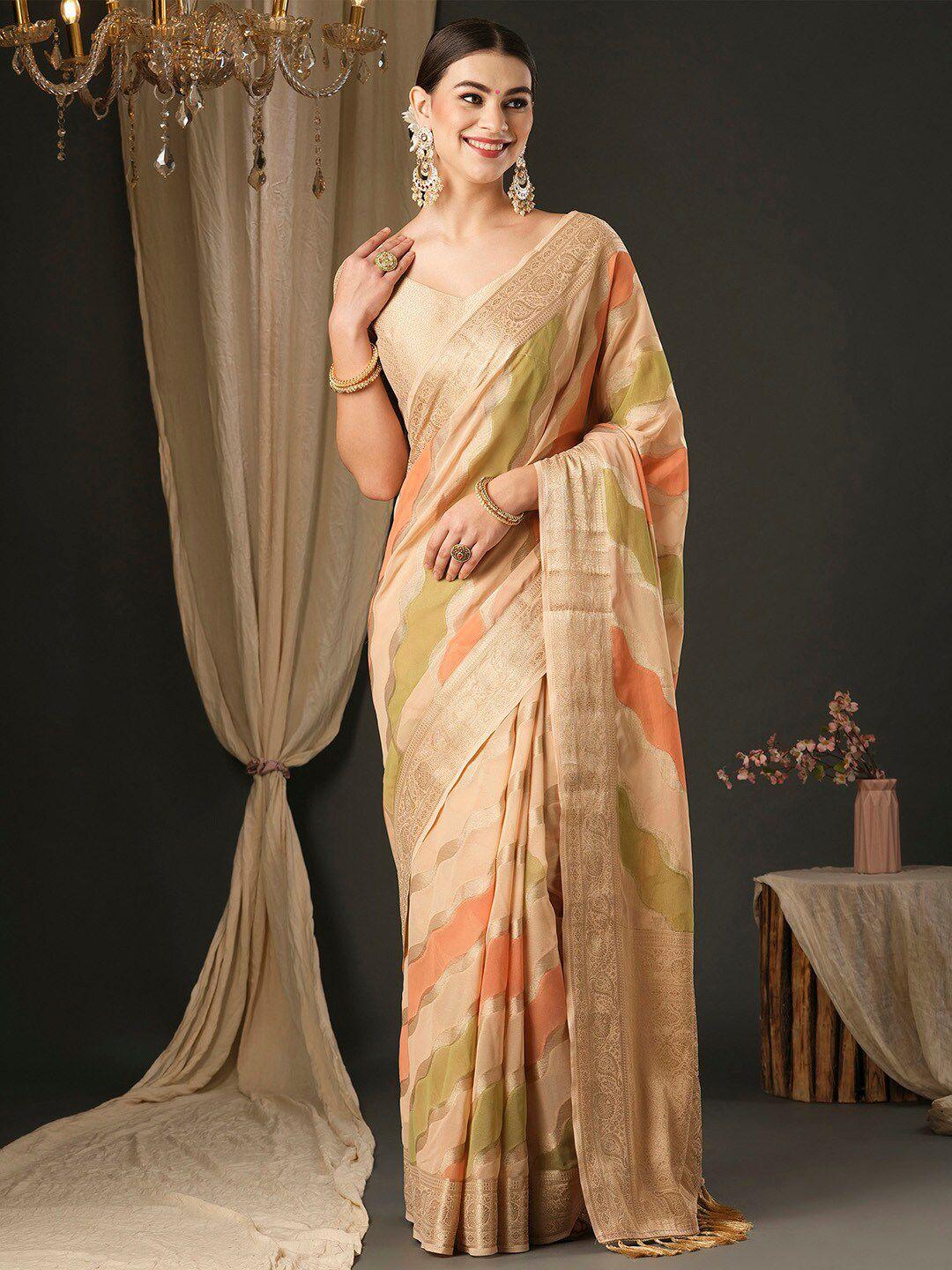 anouk cream-coloured & olive green ethnic motifs pure georgette designer banarasi saree