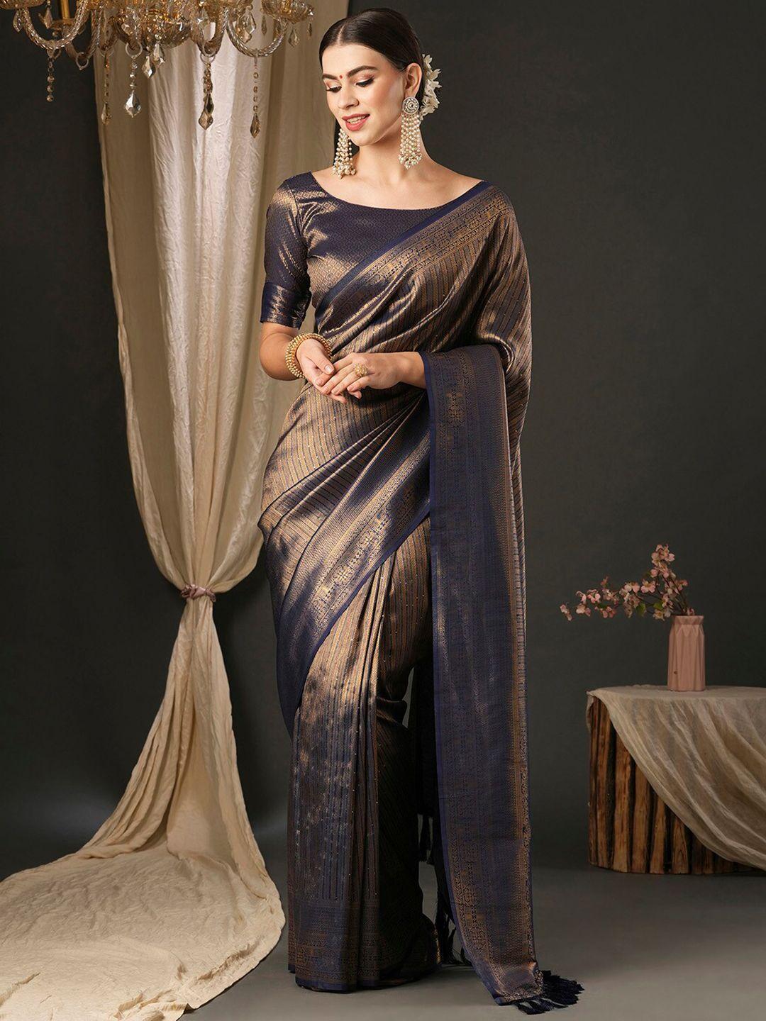 anouk navy blue paisley sequinned silk blend designer banarasi saree