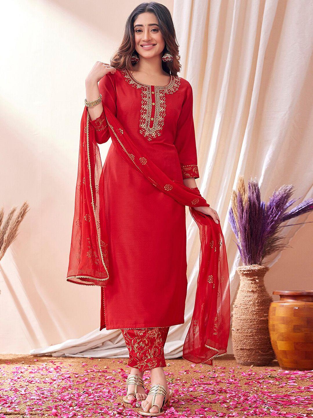 kalini women red embroidered regular thread work kurta with trousers & with dupatta