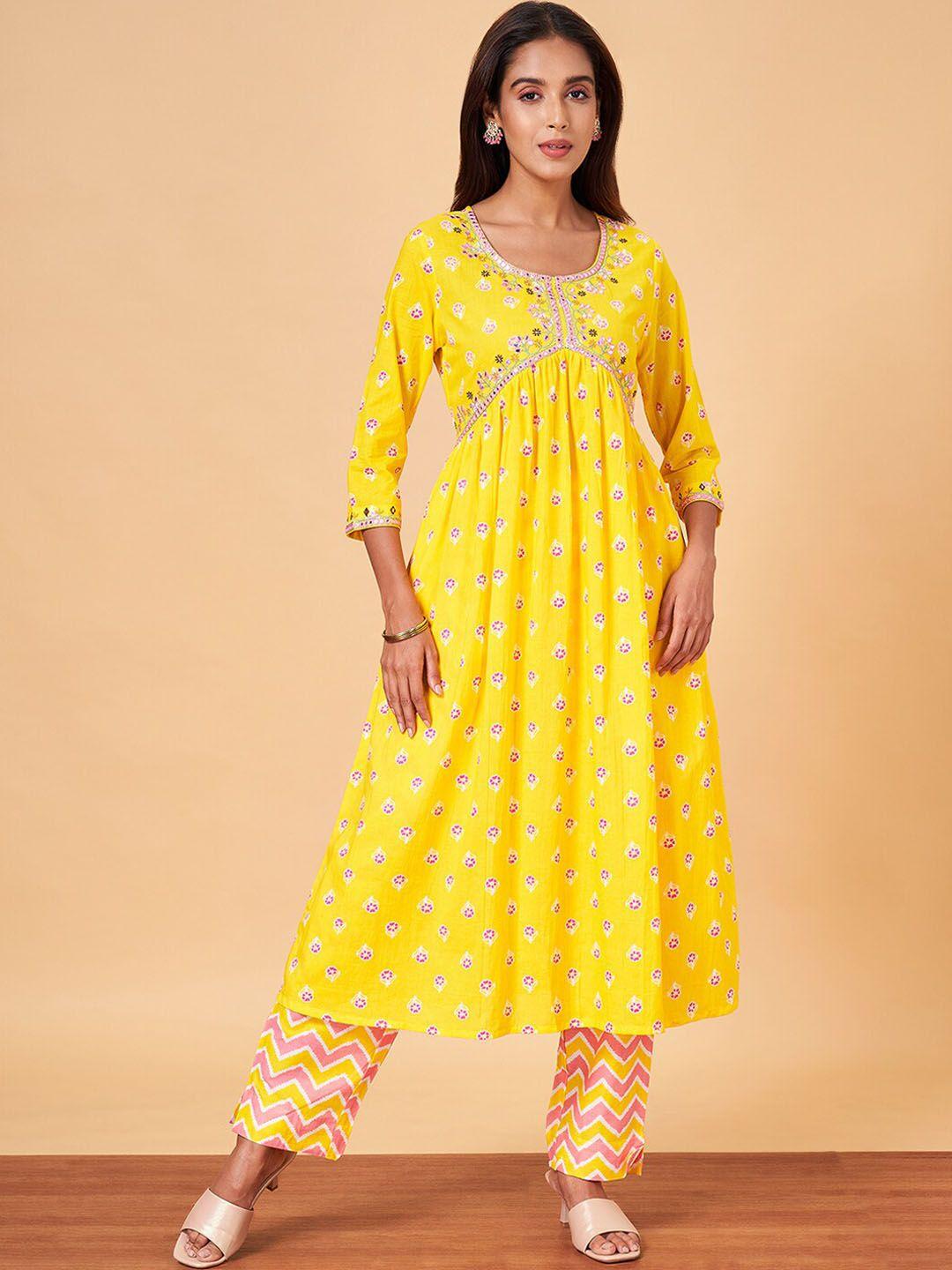 yu by pantaloons women yellow pure cotton kurta with palazzos