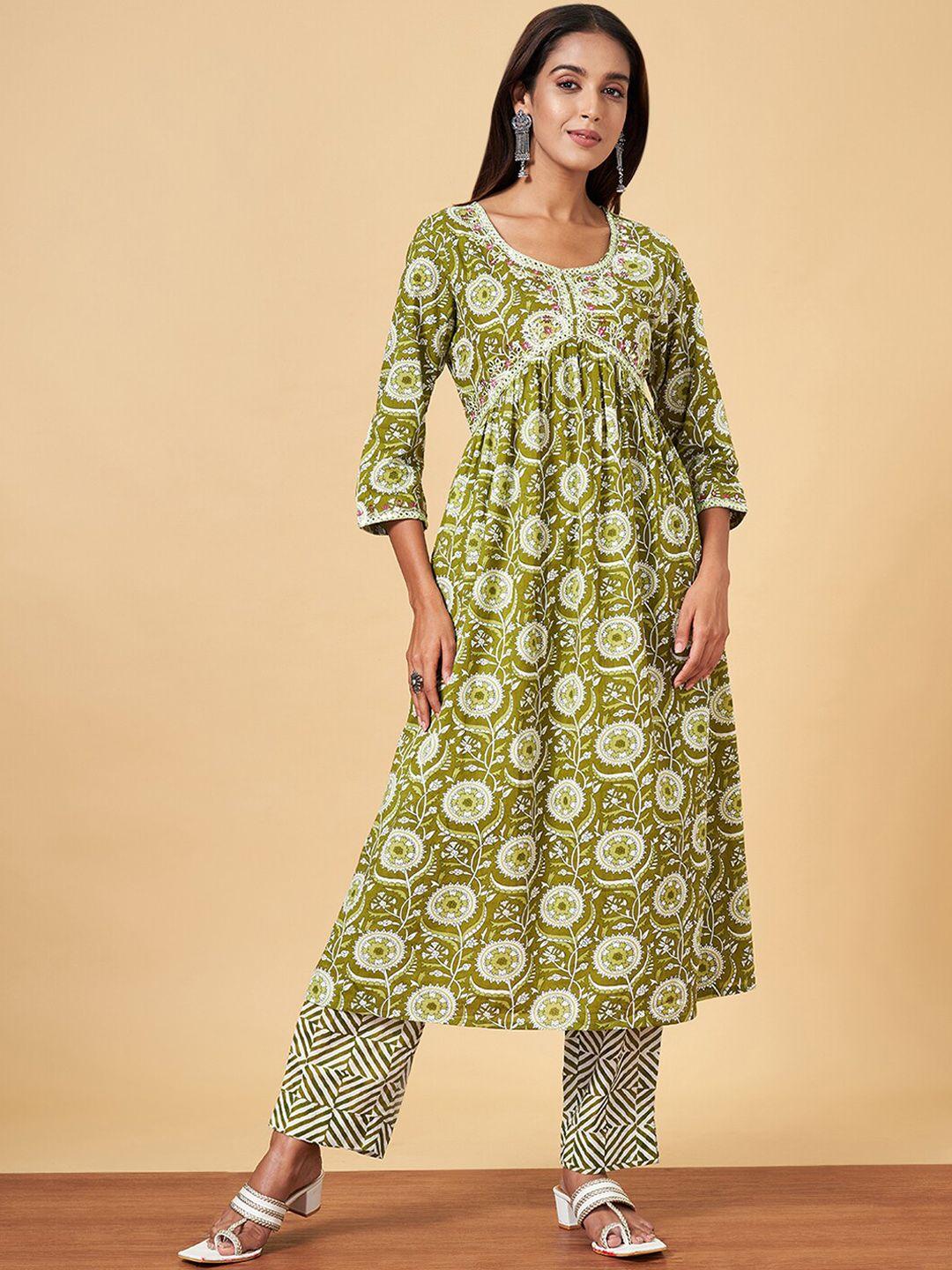 yu by pantaloons women green pure cotton kurta with palazzos