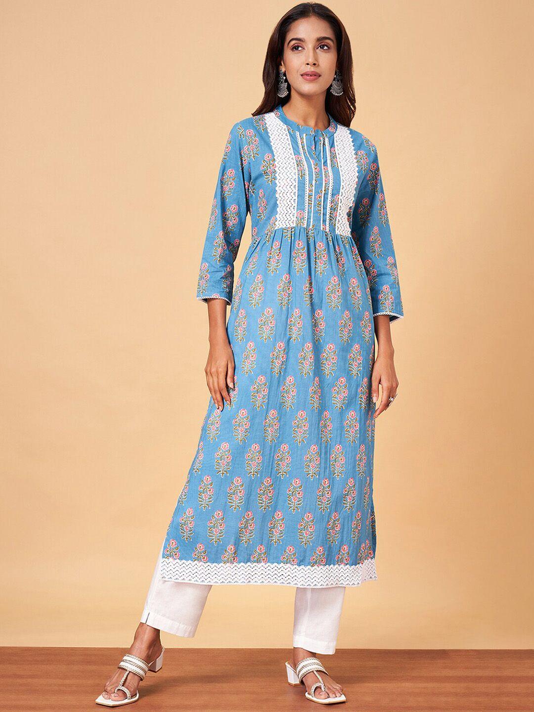 yu by pantaloons women blue pure cotton kurta with palazzos & with dupatta