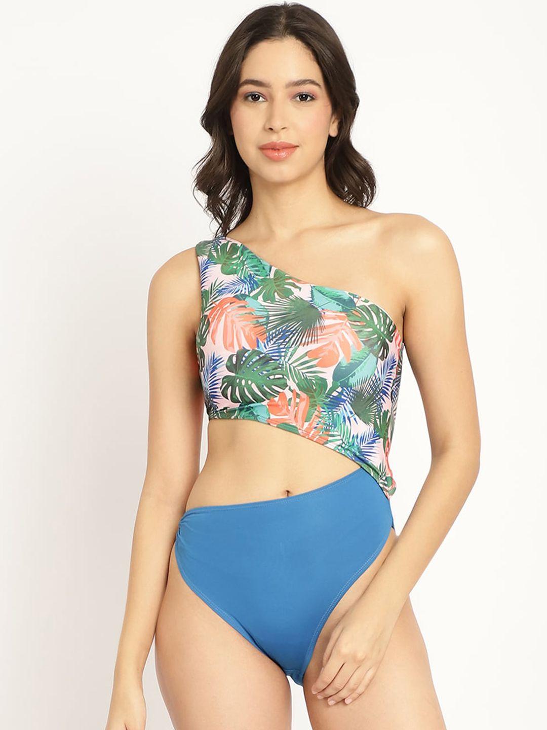 erotissch tropical printed one shoulder cut-out detailed swim bodysuit