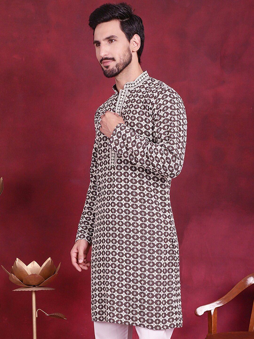 jompers men brown & beige geometric embroidered sequinned kurta