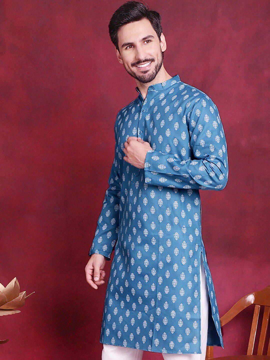 jompers men teal floral printed kurta