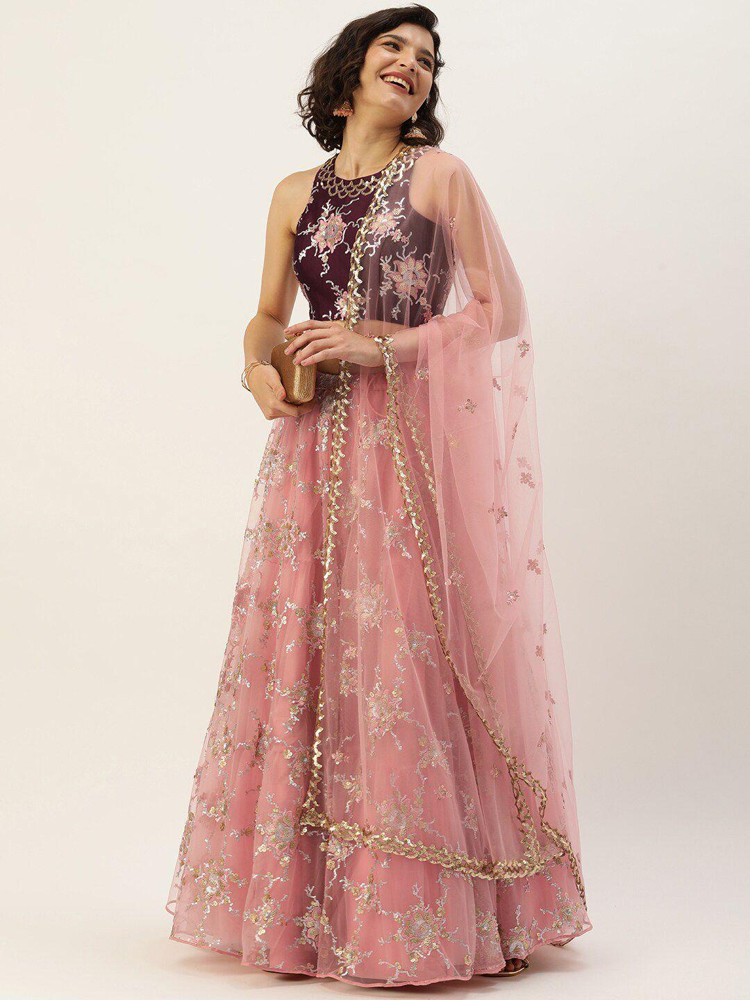 manohari pink & embroidered sequinned semi-stitched lehenga & unstitched blouse with dupatta