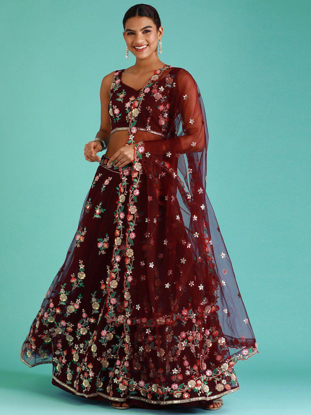 manohari burgundy & embellished sequinned semi-stitched lehenga & unstitched blouse with dupatta