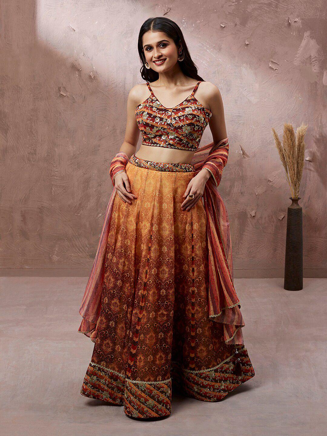 manohari brown & embroidered semi-stitched lehenga & unstitched blouse with dupatta