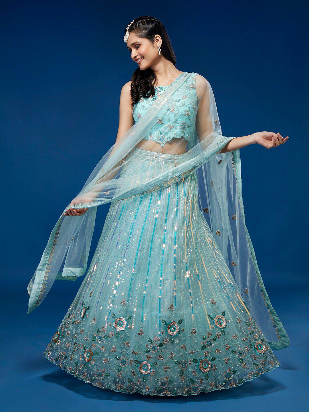 manohari turquoise blue & embellished sequinned semi-stitched lehenga & unstitched blouse with dupatta