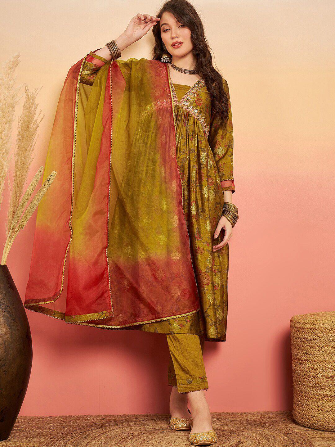 sangria floral embroidered square neck a line empire kurta set with dupatta